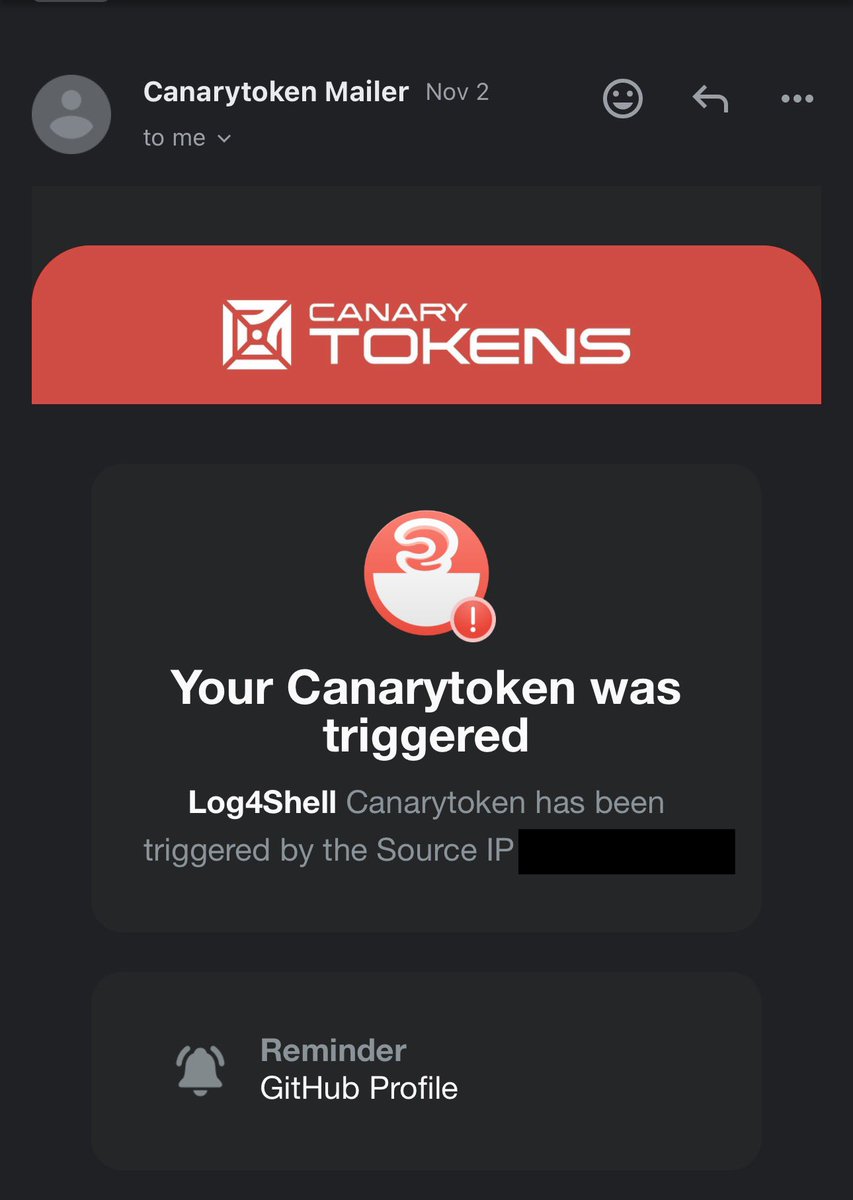 JLLeitschuh's tweet image. I have a #Log4Shell payload on my GitHub Profile using a @ThinkstCanary Canary Token. Every once and a while I open my email and get a good chuckle 😂