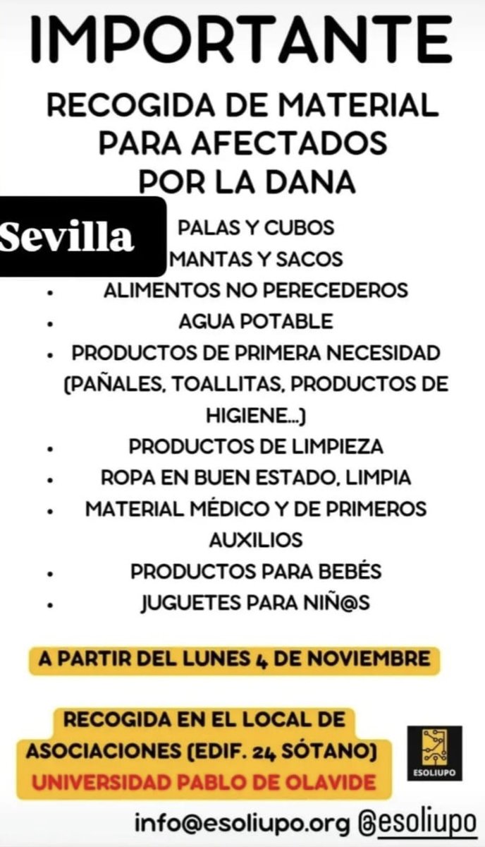 Amigos de Sevilla, Dos Hermanas, Utrera, Alcalá de Guadíra y alrededor. A partir de mañana la Universidad Pablo de Olavidad será punto de recogida de alimentos y demás útiles para Valencia.

#Dana #Valencia <a href="/pablodeolavide/">Pablo de Olavide</a>