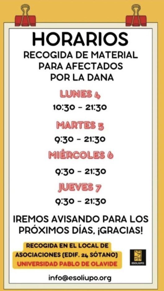 ordendeltiempo's tweet photo. Amigos de Sevilla, Dos Hermanas, Utrera, Alcalá de Guadíra y alrededor. A partir de mañana la Universidad Pablo de Olavidad será punto de recogida de alimentos y demás útiles para Valencia.

#Dana #Valencia @pablodeolavide https://t.co/0cq1RKy19V
