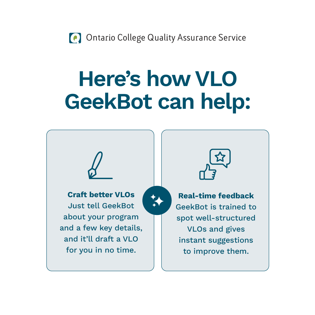ocqas's tweet photo. Meet VLO GeekBot – your new assistant for writing Vocational Learning Outcomes! Designed to make the process easier, GeekBot offers real-time feedback and helps you create well-structured VLOs with ease.

#OCQAS #QualityAssurance #OntarioColleges #Ontario #education https://t.co/NGOwgue7Wg