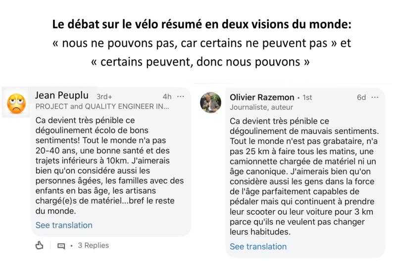Le débat sur le vélo résumé en deux visions du monde:

Jean Peuplu versus Olivier Razemon