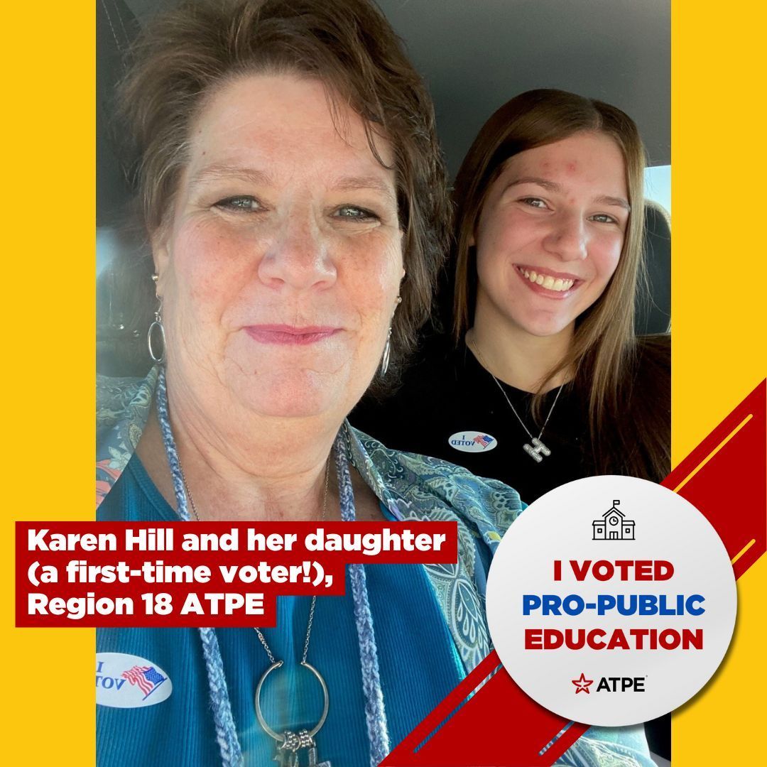 OfficialATPE's tweet photo. How cool—Region 18 member Karen Hill voted with her daughter, a first-time voter! Make sure your voice is heard by voting pro-public education on Tuesday! #txed #txedvote #ATPE #texasteachersvote @TeachtheVote https://t.co/AtfuQVCtBi