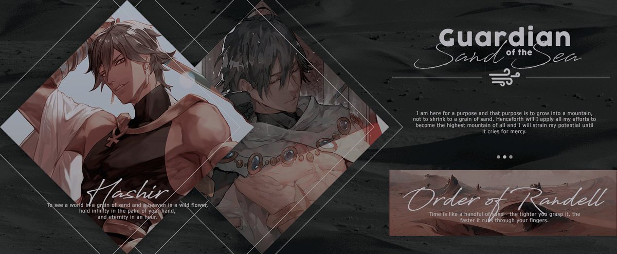 "El desierto es cruel, y la muerte espera a los incautos que se internan. Suyo es el deber de mantener a raya el peligro de las dunas"

🐪 Fantasyverse
🐪 User amigable
🐪 PJ evolutivo
🐪 Historias de Medio Oriente
🐪 Singleship con química

🐫¿Fav y RT? 🐫