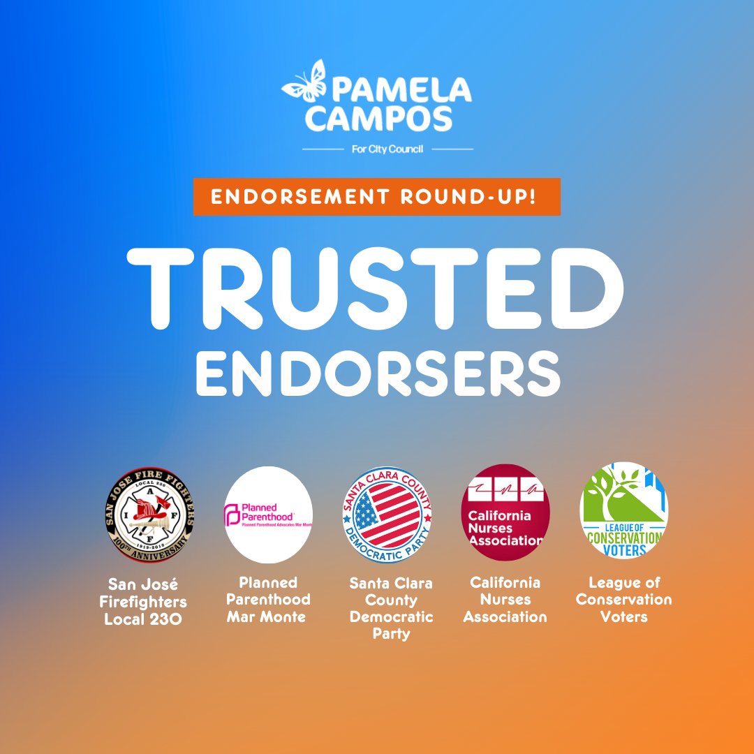 Pamela is the only candidate endorsed by these trusted endorsers &amp; we are so thankful for their support! 🥳 These organizations have been protecting our community &amp; democracy for decades; now Pamela has earned their trust to continue their service ⭐ #Pamela4SJ
