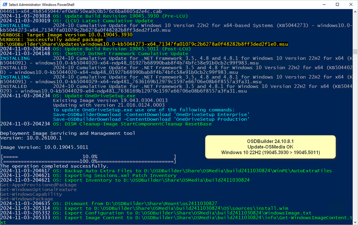 manelrodero's tweet image. Hi @SeguraOSD,
I have 2 #OSDBuilder servers + OSD 24.10.8.1.
1st one has 23.2.21.1 & 2nd one 24.10.8.1 of #OSDBuilder.
On the 1st, LCU 2024-10 is not downloaded/installed, only LCU 2024-07 :-(
On the 2nd, LCU 2024-10 is installed only on Win 10 22H2.
Is this the known issue?