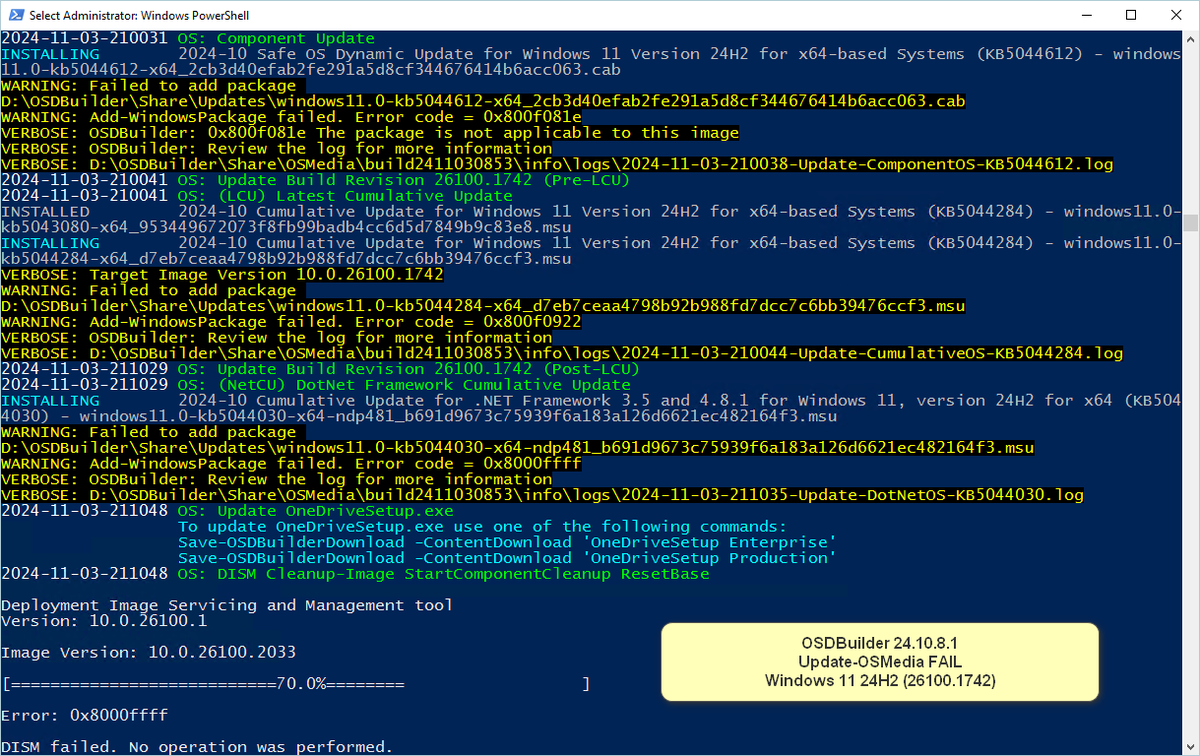 manelrodero's tweet image. Hi @SeguraOSD,
I have 2 #OSDBuilder servers + OSD 24.10.8.1.
1st one has 23.2.21.1 & 2nd one 24.10.8.1 of #OSDBuilder.
On the 1st, LCU 2024-10 is not downloaded/installed, only LCU 2024-07 :-(
On the 2nd, LCU 2024-10 is installed only on Win 10 22H2.
Is this the known issue?