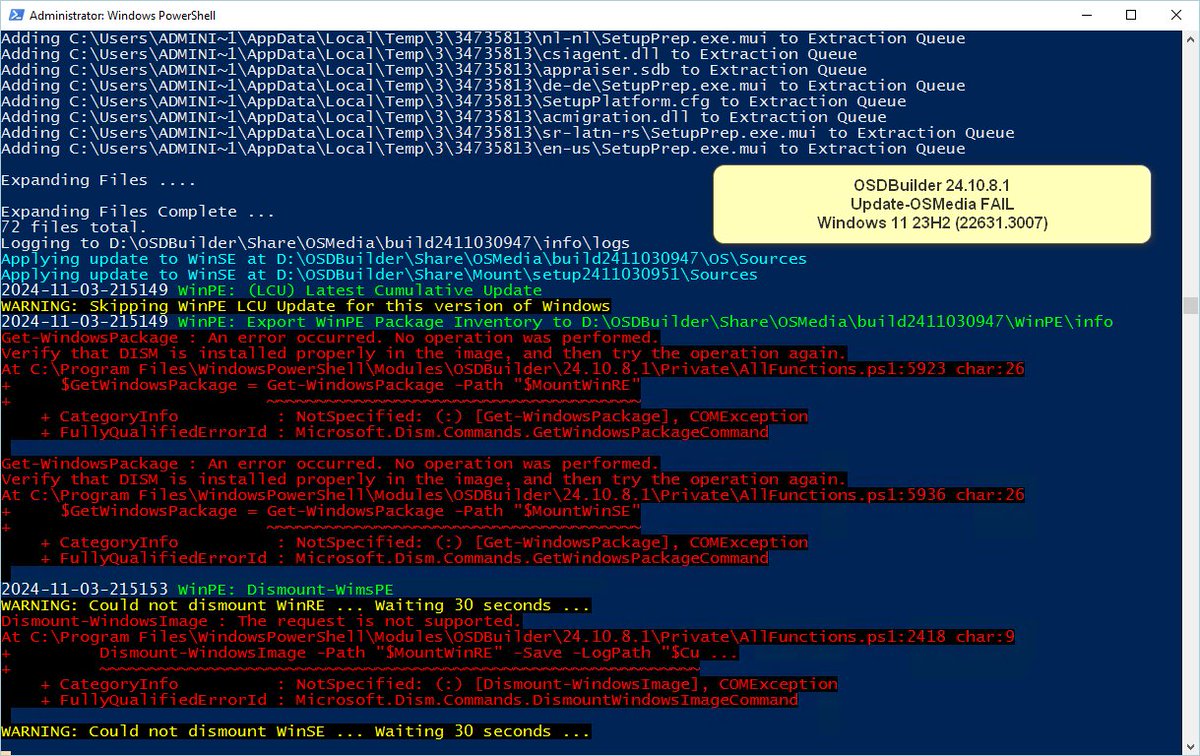 manelrodero's tweet image. Hi @SeguraOSD,
I have 2 #OSDBuilder servers + OSD 24.10.8.1.
1st one has 23.2.21.1 & 2nd one 24.10.8.1 of #OSDBuilder.
On the 1st, LCU 2024-10 is not downloaded/installed, only LCU 2024-07 :-(
On the 2nd, LCU 2024-10 is installed only on Win 10 22H2.
Is this the known issue?