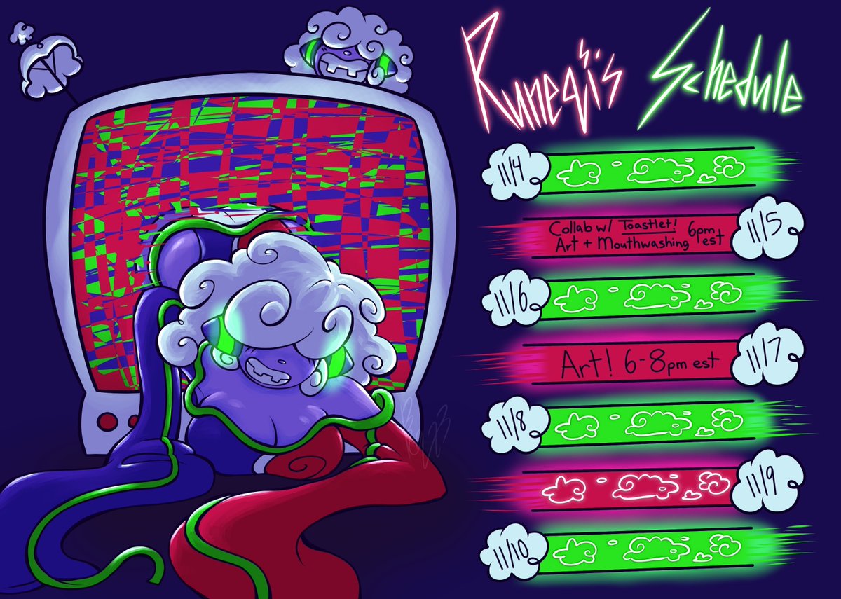 💜 Schedule 11/4 - 11/10 💜

Having a collab with <a href="/Toastlett_/">Toastlet</a> on Tuesday! Hope you all can join us! 💜

#ENVtuber #pngtuber #ArtistsOnTwitter #VtuberSupport #vtuberschedule #vtubersupportbeam