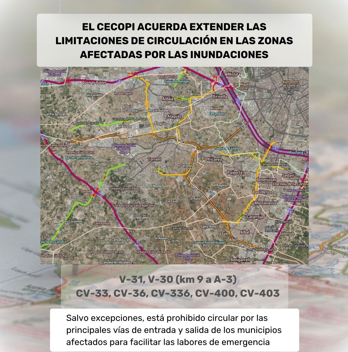 generalitat's tweet photo. ‼ 📢 El CECOPI extiende dos días las limitaciones de circulación

 👉 ante el riesgo extremo de colapso de las principales vías de entrada y salida de Valencia

💻 Se recomienda el teletrabajo

🚗❌ y evitar utilizar el vehículo privado

⛔ Las restricciones se mantienen en ⤵