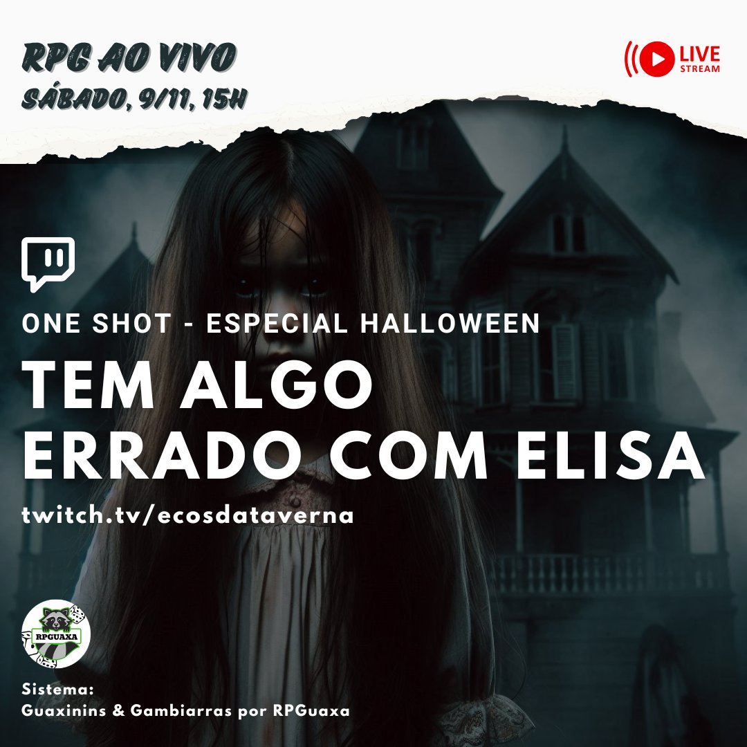 EcosDaTaverna's tweet photo. 👻 ONE-SHOT ESPECIAL HALLOWEEN!📷 No dia 9/11, às 15h (horário de Brasília), você está convidado para nosso one-shot RPG ao vivo na Twitch - especial Halloween! Venha acompanhar essa história arrepiante ao vivo com a gente. Links na bio #RPGdeTerror #HalloweenOneShot #RPGAoVivo https://t.co/0grp8PycH6