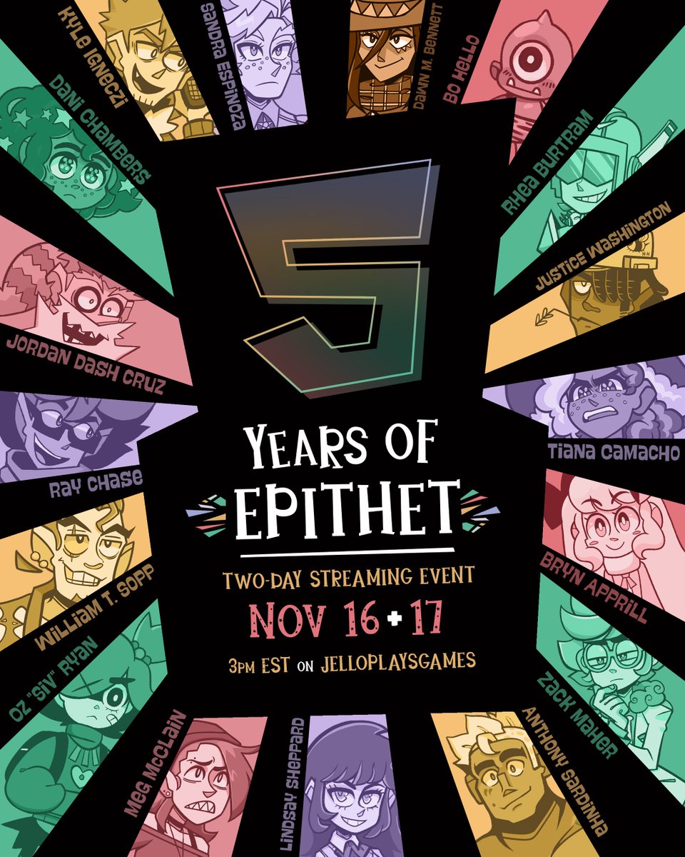 EpithetErased's tweet photo. Announcing our FIVE-YEAR ANNIVERSARY EVENT!

Come join us on November 16 + 17 for two full days of #EpithetErased announcements, fan art, in-character readings, and more! Featuring all the lovely guests listed on the poster.

Specific details on each stream are in the replies 👇 https://t.co/fuzq85GXDC