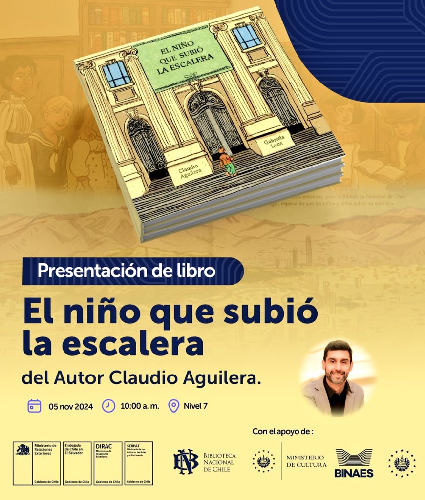 Carlos Reyes G. (@careyesg) on Twitter photo 6 de nov.: La <a href="/BNChile/">Biblioteca Nacional</a> inaugurará en la Biblioteca Nacional de El Salvador la muestra dedicada a editorial Rapa-Nui, junto al libro "Rapa-Nui: la primera editorial chilena de literatura infantil"
5 de nov. presentará el volumen "El niño que subió la escalera" de <a href="/CE_Aguilera_A/">Claudio Aguilera</a> 6 de nov.: La <a href="/BNChile/">Biblioteca Nacional</a> inaugurará en la Biblioteca Nacional de El Salvador la muestra dedicada a editorial Rapa-Nui, junto al libro "Rapa-Nui: la primera editorial chilena de literatura infantil"
5 de nov. presentará el volumen "El niño que subió la escalera" de <a href="/CE_Aguilera_A/">Claudio Aguilera</a>