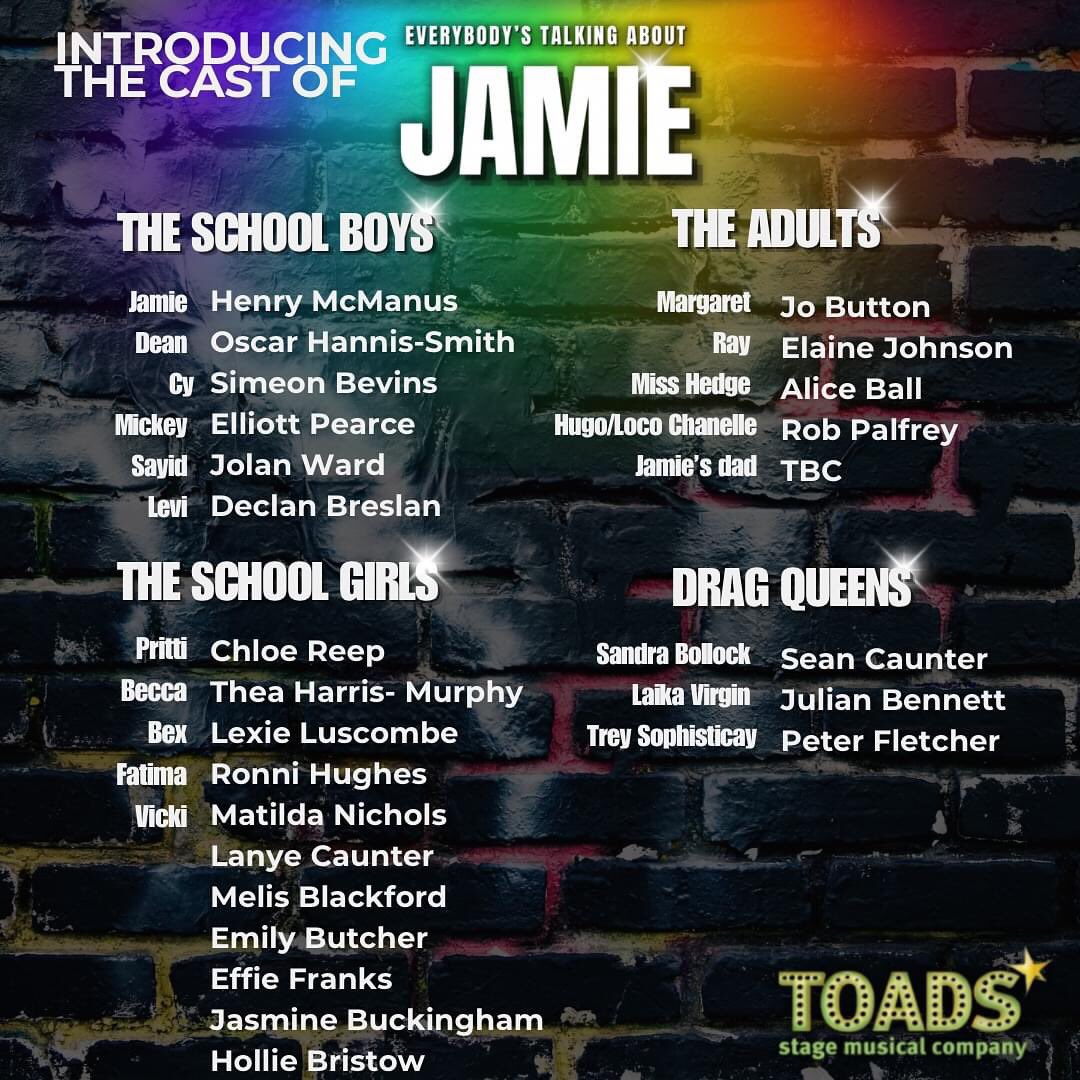 TOADSSMC's tweet image. Introducing the Cast of Jamie the Musical! 🌟

TICKETS NOW ON SALE 

👠 Everybody’s Talking About Jamie 
🗓️ Tuesday 4th - Saturday 8th March 2025
📍 Palace Theatre, Paignton
🎟️ palacetheatrepaignton.co.uk/series/everybo…