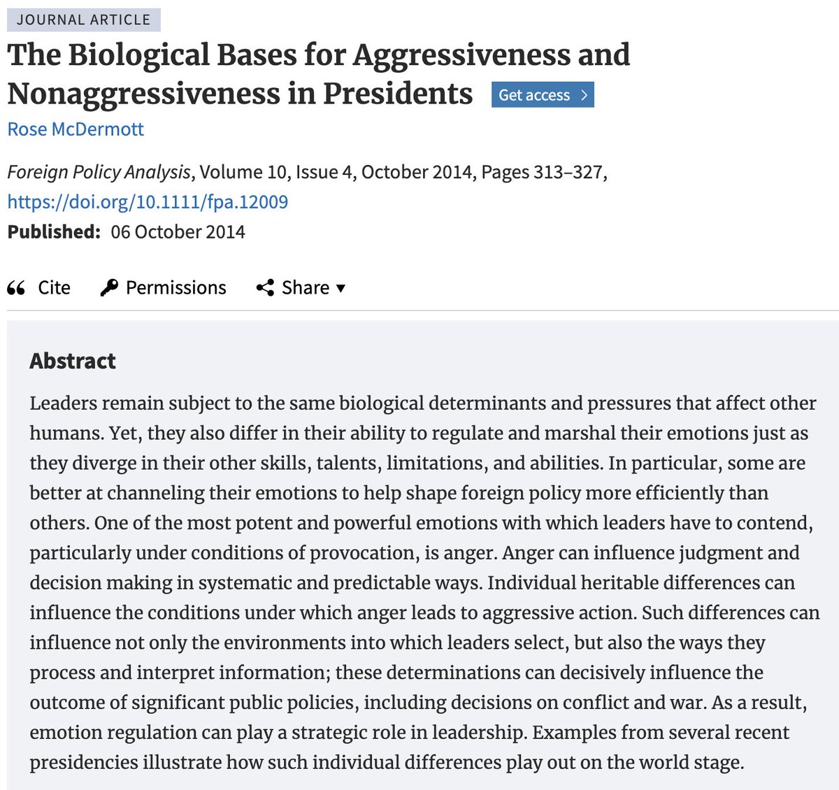 What makes a president aggressive? Leaders are influenced by biological factors but differ in emotional regulation, particularly with anger. Rose McDermott argues this affects their judgment &amp; decision-making in FP, especially in conflict. 
academic.oup.com/fpa/article-ab…