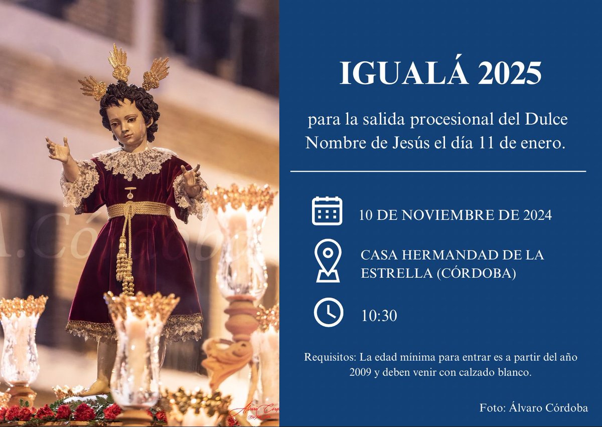 | IGUALÁ |

El próximo día 10 de noviembre a las 10:30 se realizará en nuestra casa hermandad la igualá de costaleros para
el paso del Dulce Nombre de Jesús.