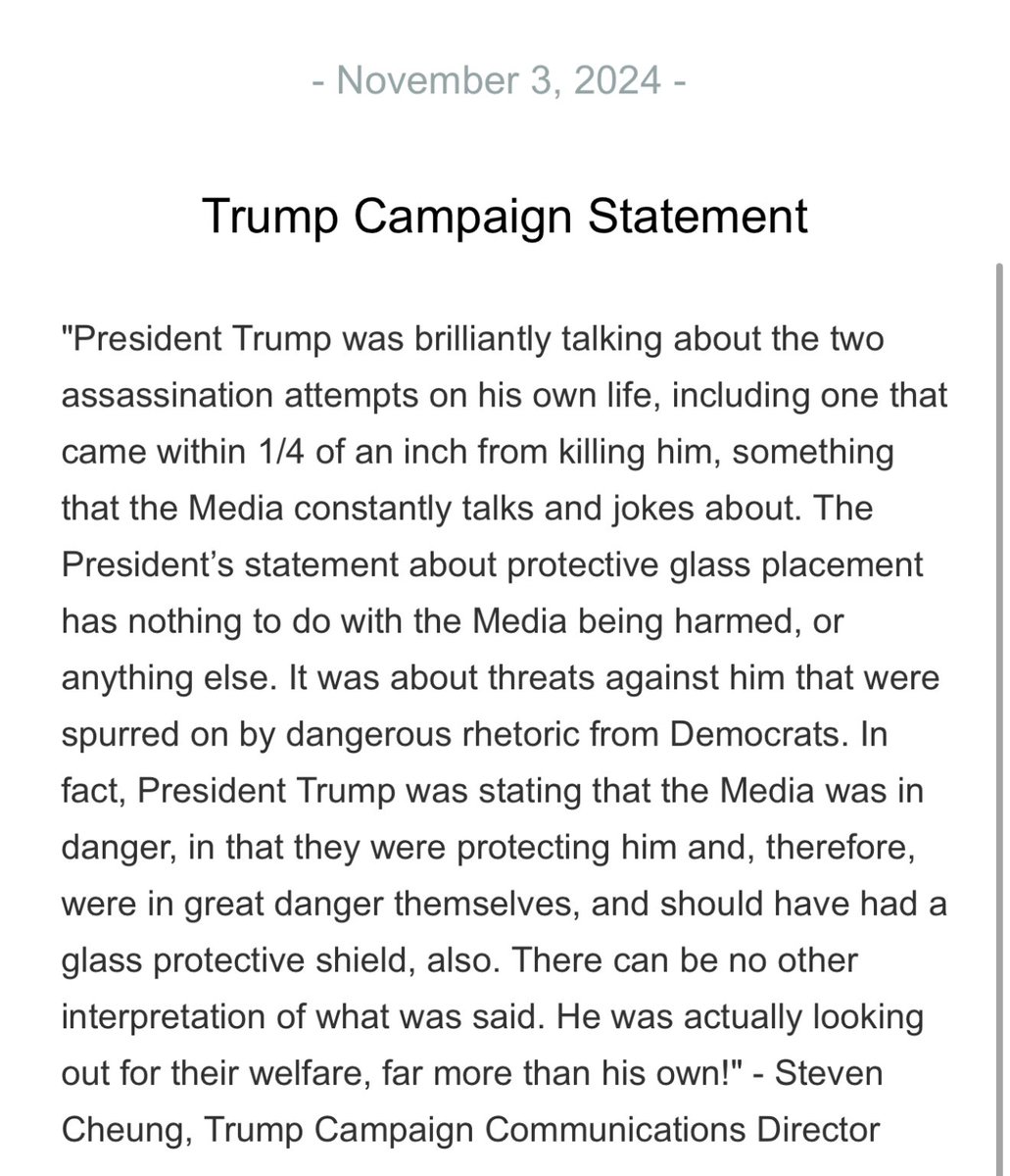 NEW — Trump comms director says Trump’s saying at the Lititz rally, that he didn’t mind any assassination attempt would have to shoot thru reporters to get to him, was him actually looking out for the media’s welfare
