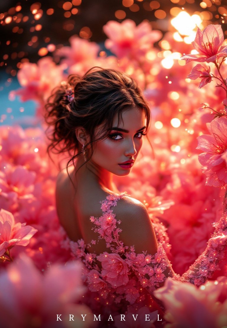 Enveloped in a spell of petals and light, she lies within the sighs of night, like a secret held by the stars ✨🌙. Flowers cradle her, tender guardians of a timeless beauty.
With <a href="/freepik/">Freepik</a> ✨
#flux
#bluberry 🫐
(Prompt in +ALT)