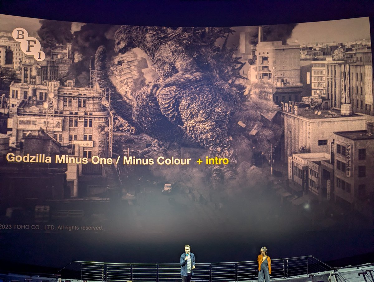 Filmbloke's tweet image. I think my favourite film of 2023 in colour has become my favourite film of 2024 in black and white. Just majestic. 2 months of meticulous regrading well spent. It's a bloody marvel! Happy 70th Birthday you magnificent beast!🎉 #GodzillaMinusOne #godzillaminusoneminuscolor #BFI