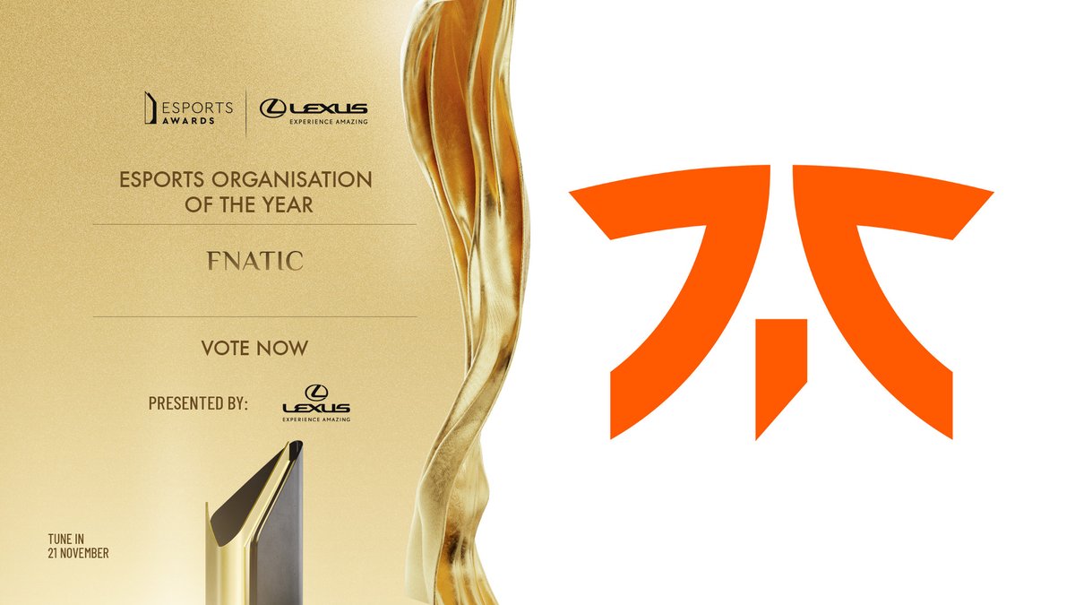 esportsawards's tweet photo. Vote for @FNATIC! Finalist of the Esports Organisation of the Year award presented by @Lexus.

Remember, you can VOTE EVERY DAY, once a day.

✅ Vote now: https://t.co/PFQRWn0VSz 

Esports Awards 2024 Part 2 - November 21 https://t.co/9wHV1gTeit