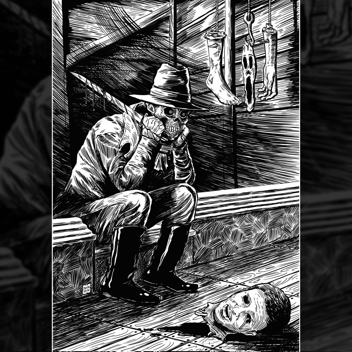 rollymcomics's tweet photo. 🎃 Halloween Obsession Unveiled: The Creeper Strikes! 🎃

From the comic Daddy Bones, this is my drawing of the Creeper—a villain driven by a twisted obsession with Daddy Bones. In this scene, the Creeper sits with a knife in hand, while his victim’s head lies on the floor. https://t.co/z1eSXEN1ud