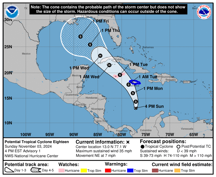 Parte de las 16:00 horas, próximamente se formará la tormenta tropical #Rafael en el Caribe.
La trayectoria oficial indica desplazamiento hacia el occidente de #Cuba y Golfo de México.