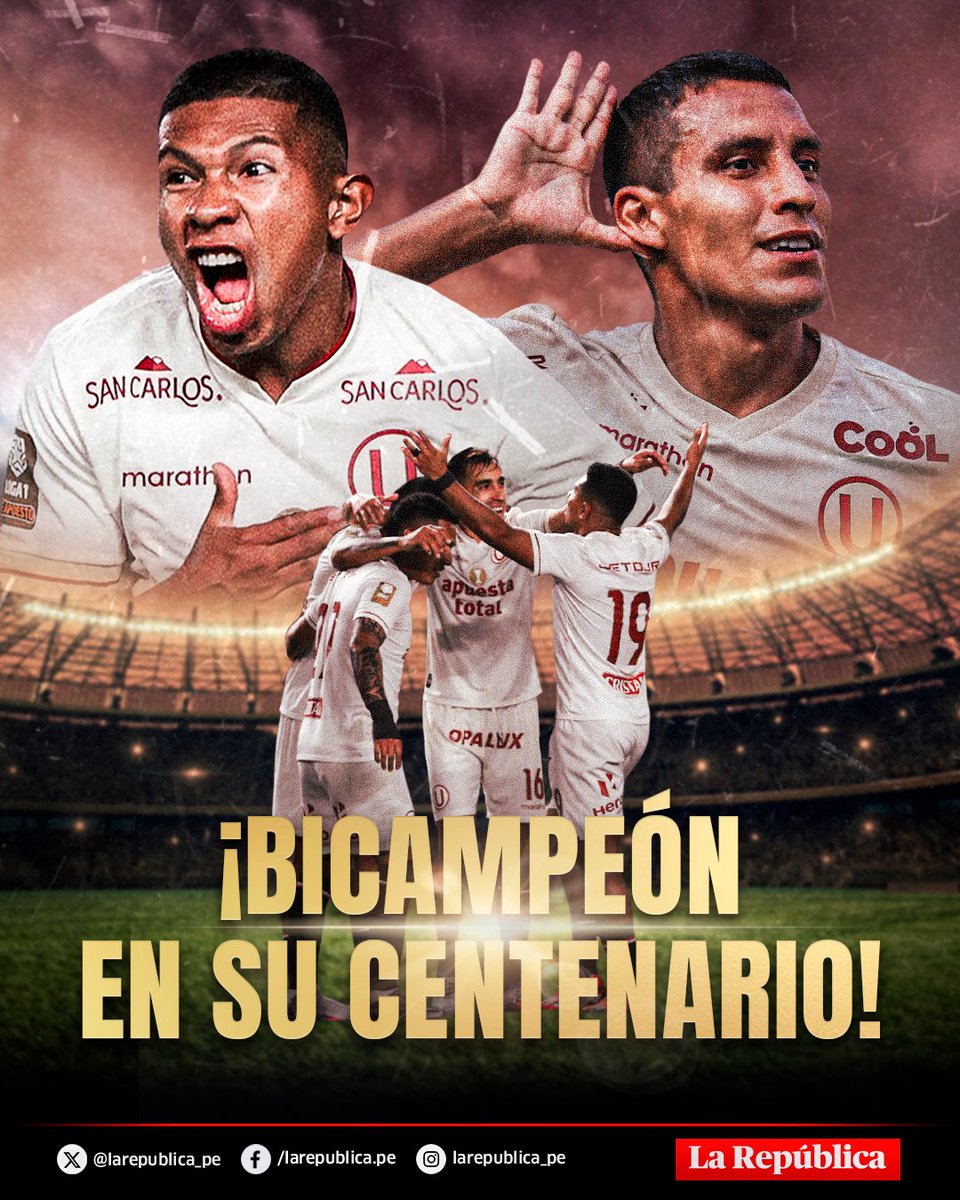 🚨 #LOÚLTIMO | 🔴 🟡 🏆 ¡Universitario hace historia en su centenario!
La 'U' empató ante Los Chankas, pero con la derrota de Alianza Lima se quedó con el bicampeonato y se consolida como el club más ganador del fútbol peruano.

Más información ▶️ bit.ly/3C9UYga