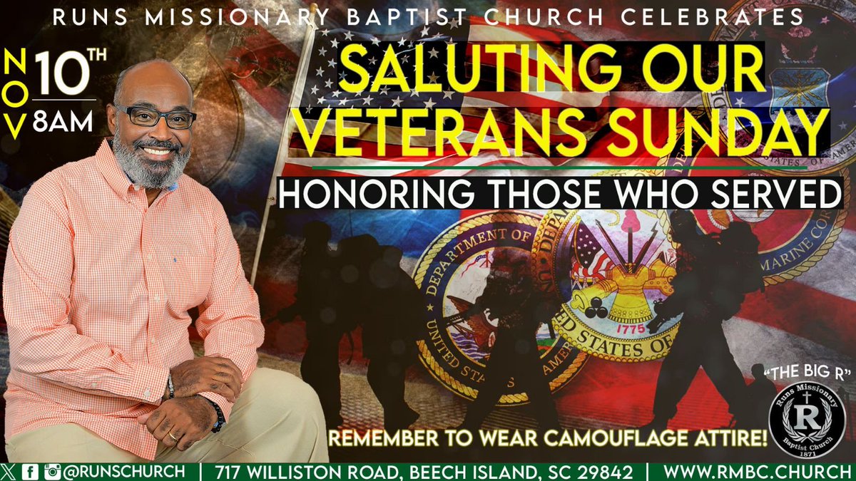 RunsChurch's tweet image. Join us next Sunday, for our Saluting Our Veterans Sunday, as we honor those who served! Remember to wear camouflage attire!
2024 "The Year of Better"
#RMBC