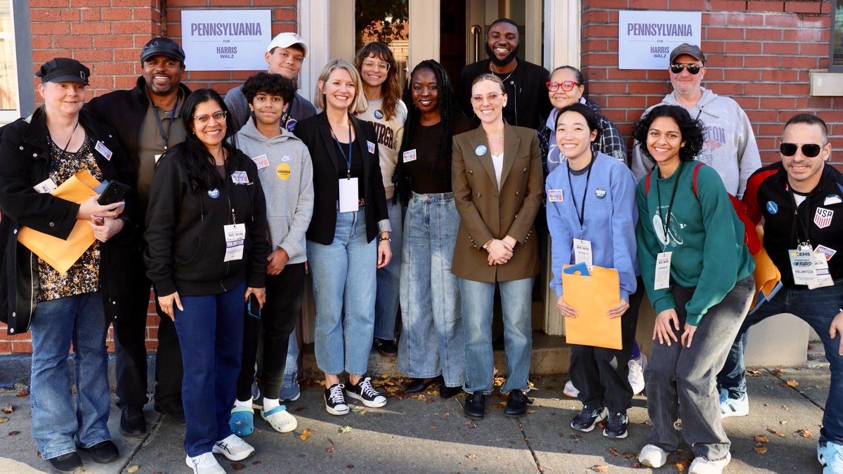 KamalaforPA's tweet photo. Scarlett Johansson and @DanaiGurira hit the campaign trail in Pittsburgh today to support @KamalaHarris.

They made sure our marvel-ous volunteers were fired up to get out and talk to voters in the last 48 hours of the election! 💥

Sign up to canvass at https://t.co/IVNgzpO1qc. https://t.co/Ygw2OdqLOU