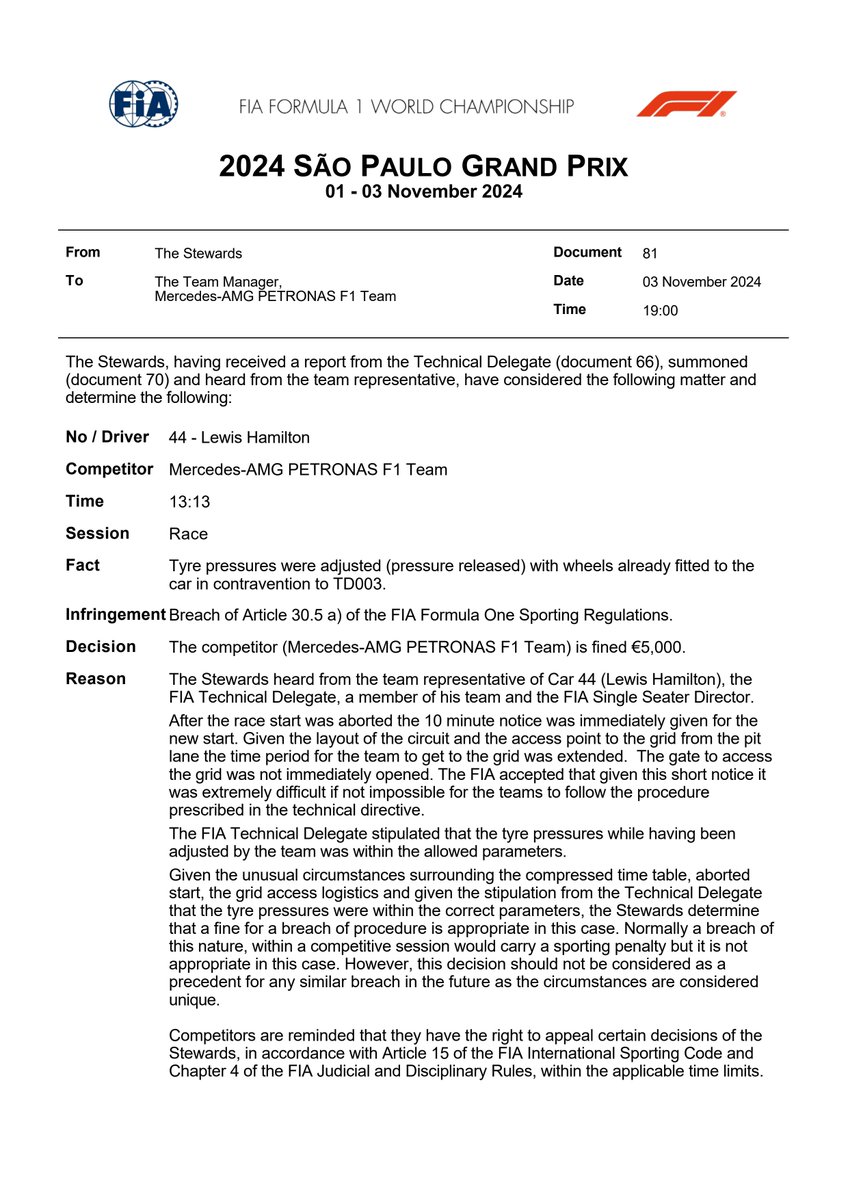 fia's tweet photo. DOC 81 - Infringement - Car 44 - Tyre Pressure Checks https://t.co/nVLPv627jK #BrazilGP #F1 #FIA https://t.co/0vIUGdWZNl