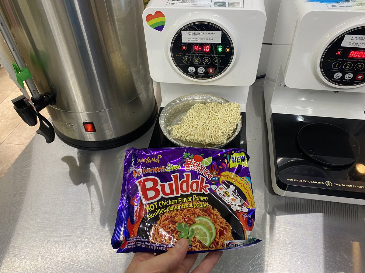 AlexKozina's tweet photo. I tried out a cool new convenience store in Montreal called Épicerie Le Fullsun, where you can purchase pre-packaged ramen and cook it on the spot (and get additional protein to go with it!)

The particular ramen I chose was very spicy, but very tasty: https://t.co/NCFBWm7BQX