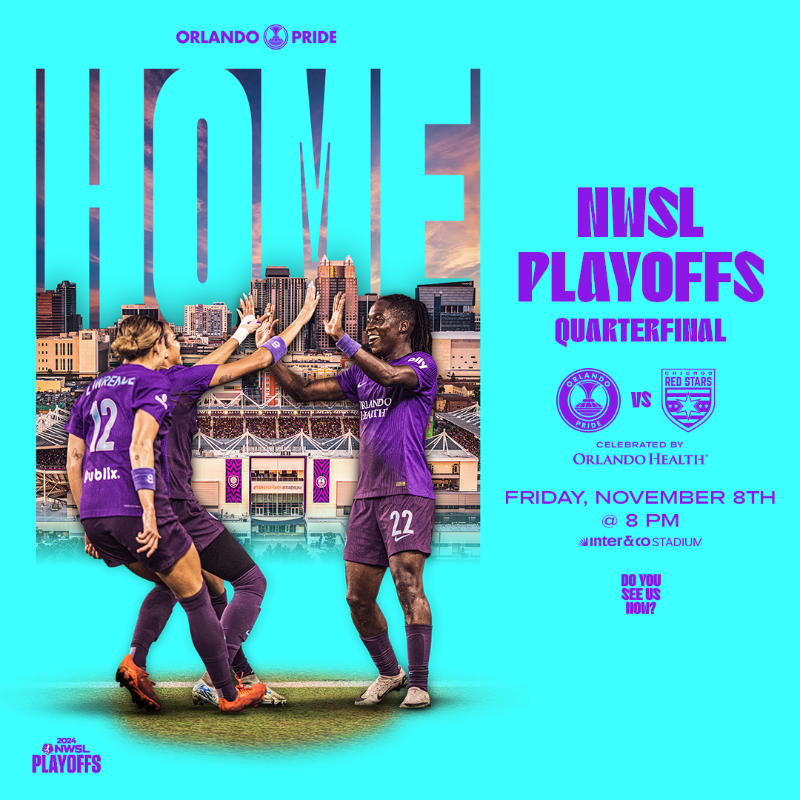 ORLPride's tweet photo. Our 2024 @NWSL Quarterfinal match is set 👀

Pride vs. @chicagoredstars 🗣️ This Friday 🗣️ 8:00 PM 🗣️ at @InterCo_Stadium 🗣️ Be there 🗣️