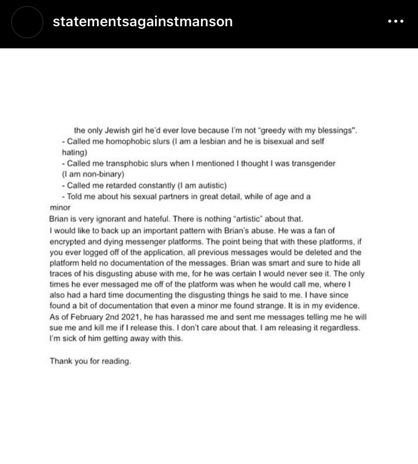 One woman shared her experience of going to LASD about Marilyn Manson, on StatementsAgainstManson’s IG page. 

She’s asked to remain anonymous but gave permission to share this statement.