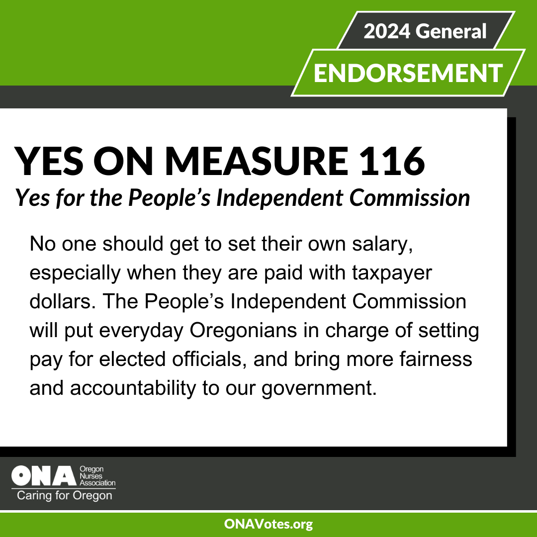 OregonNurses's tweet photo. We are in the final days of voting for the 2024 election, use your vote to create fairer laws! Vote YES on measure 116 -- no one should get to set their own salary, especially when they are paid with taxpayer dollars. #m116 #orpol #orelect #2024election #vote #GOTV #ONAVotes https://t.co/CiKj3Mb2YW