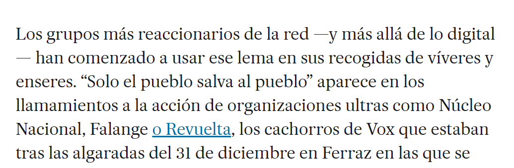 🧵 Ayer sábado a mediodía contaba en este artículo que grupos neofascistas como Revuelta estaban aprovechando la tragedia de Valencia (y lo del "pueblo salva al pueblo") para ganar presencia y colocar su basura de discurso
elpais.com/tecnologia/202…