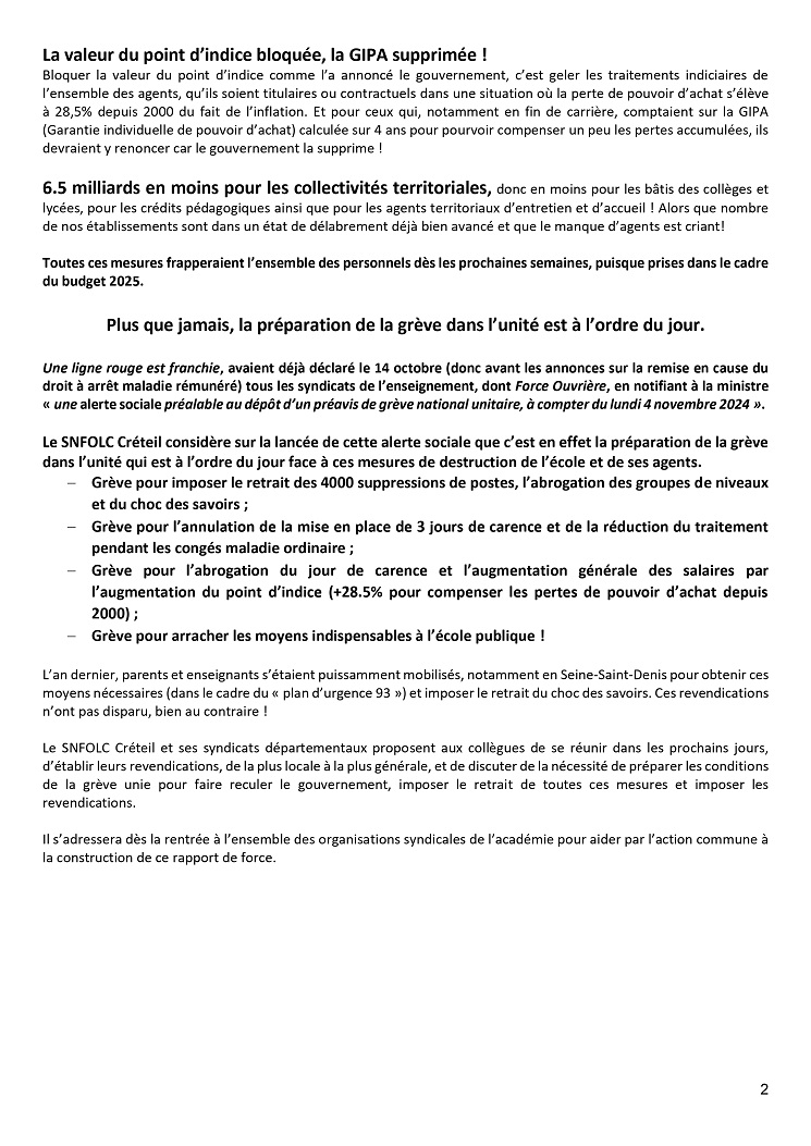 4000 suppressions de postes, maintien des contre-réformes, blocage des salaires, remise en cause du droit à arrêt-maladie rémunéré, etc.

Face à cette offensive, préparer la grève unie pour les faire reculer

Tract du SNFOLC Créteil du 3 novembre 2024
