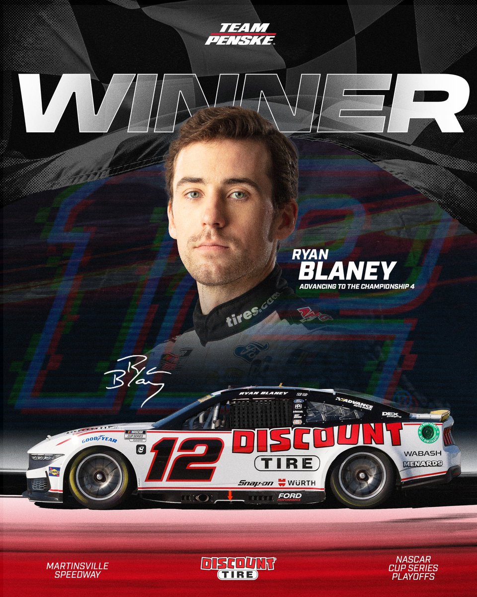 Team_Penske's tweet photo. He’s done it again. 

@Blaney wins at Martinsville and locks into the Championship 4! https://t.co/Y0uB8KLy67