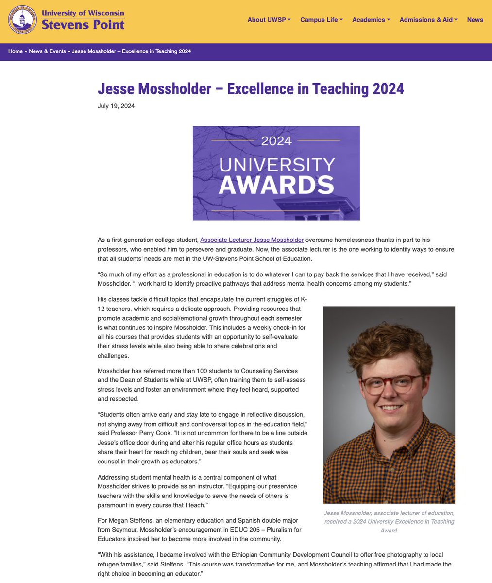 🟥⚫️ Congratulations to Jesse Mossholder (Ed.D. Cohort 7) for the Excellence in Teaching 2024 award! 🎉💐💐 Jesse is a Lecturer in Education at the University of Wisconsin-Stevens Point, his research focuses on the mental health issues of pre-service teachers. Go Dragon! 🔥🐉🔥