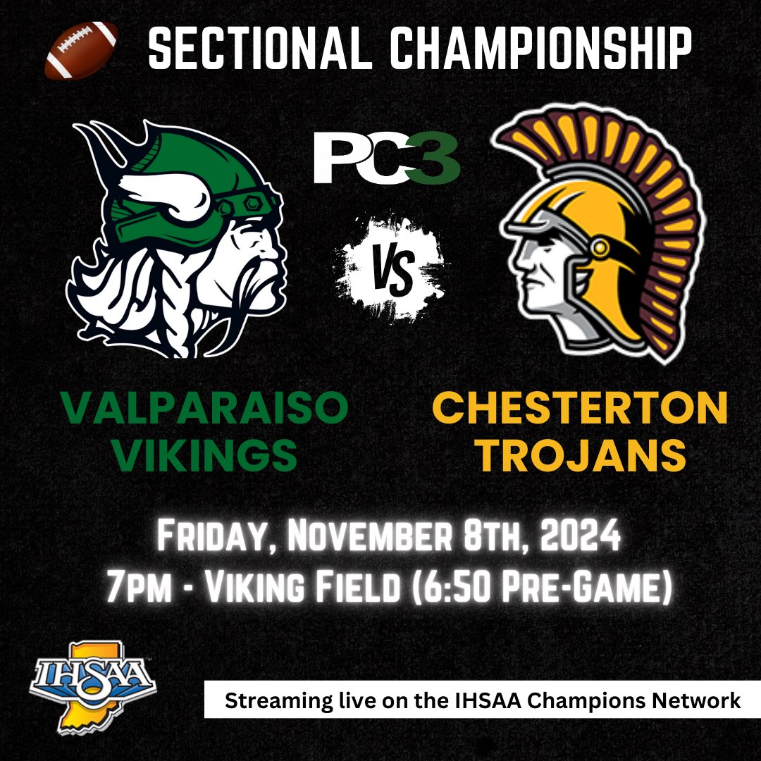 THE REMATCH IS SET! After an incredible finish to their regular season matchup, <a href="/CHS__Trojans/">Chesterton Athletics</a> and <a href="/AthleticsValpo/">Valparaiso Athletics</a> are once again set to battle. However, this time, the sectional championship trophy is a stake! Join us on Friday, 11/8 at 6:50pm <a href="/IHSAA1/">IHSAA</a> Champions Network! 🏆 🏈
