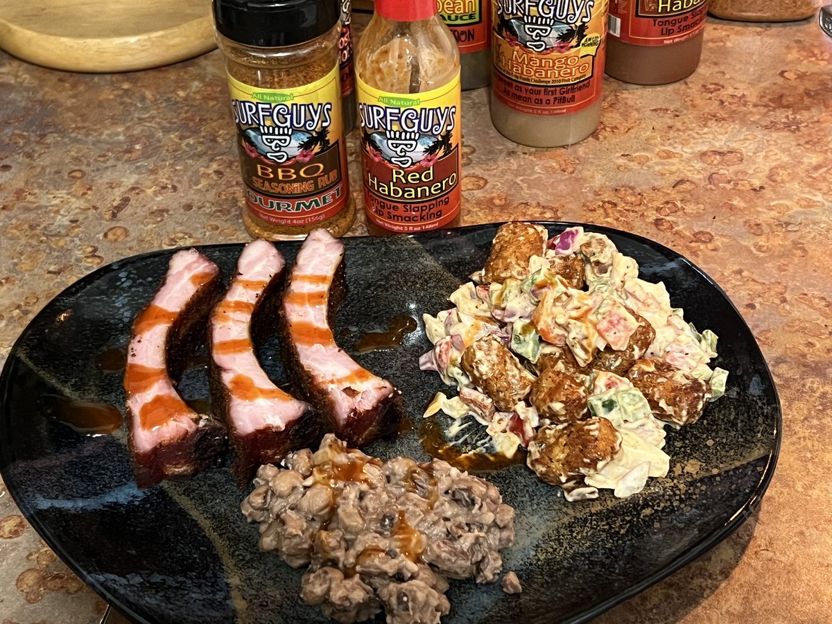 SurfguysHotSauc's tweet photo. Smoked ribs, and tater tot tader salad. Blackeyed peas not smoked. Seasoned with our rub and kicked up with our red habanero hot sauce.
#ribs #bbq #surfguyshotsauces #good #foodie https://t.co/q1N6EDdhYZ