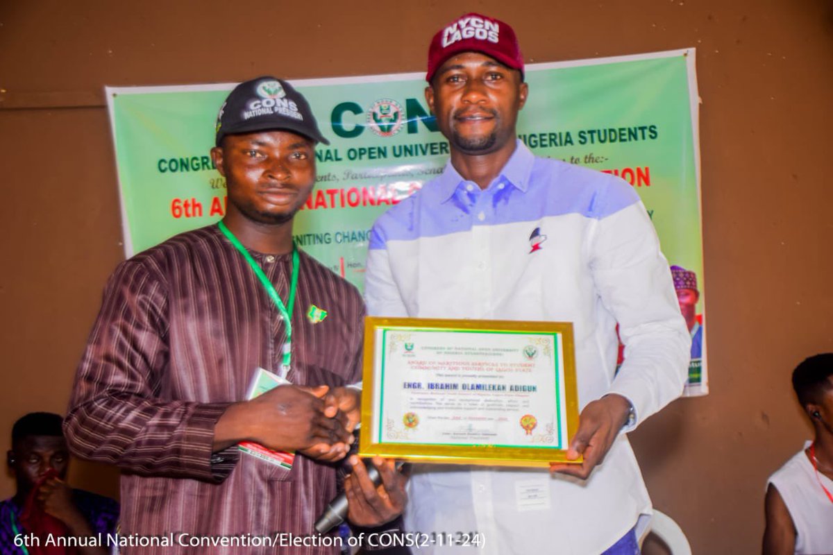 NYCNLagos01's tweet photo. Yesterday, the 2nd of November 2024, I received a meritorious service award at the 6th Annual National Convention/Election of the Congress of NOUN Students (CONS). It was an honor to be recognized, and I was also privileged to deliver an inspirational speech as a guest speaker on "EMPOWERING MIND, IGNITING CHANGE, BUILDING A PROGRESSIVE STUDENT COMMUNITY."

In my address, I urged the delegates and student leaders to cultivate a resilient and positive mindset, emphasizing that without it, our desired change as youths may be hindered. I encouraged them to be resolute in their pursuit of progress.

I also took the opportunity to commend the outgoing executives for their wise leadership and dedication to the student community.

Special appreciation goes to Ambassador Oluwaseun J. Omodamori and the entire Convention Planning Committee for their tireless efforts in organizing a successful convention.

@jidesanwoolu 
@drobafemihamzat