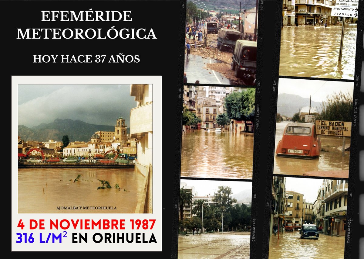 MeteOrihuela's tweet image. Efeméride meteorológica. Hoy se cumplen 37 años de la "Riada de San Carlos" en la #VegaBaja del Segura (#Alicante). El 4 de noviembre de 1987, en 24 horas, se registraron en la ciudad de #Orihuela un total de 316 l/m². La intervención del Ejército fue de vital importancia.