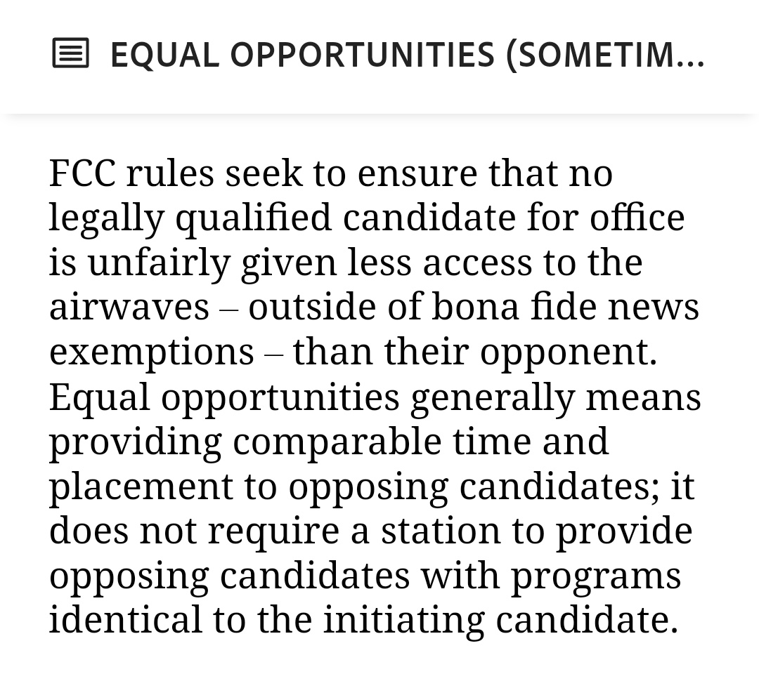 FOSTERinUnity's tweet image. FCC's Brendan Carr appears to be fussing over nothing. NBC is not required to offer equal time. They are required to provide it if asked by the candidate. 

It doesn't need to be the same program. 

Everyone can pipe down about Harris' appearance on SNL.

fcc.gov/sites/default/…