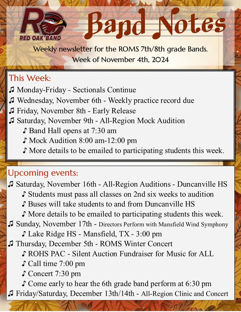 RedOakMSBand's tweet photo. Please see below for this week's newsletters. Make sure you are starting this new six weeks with a plan and schedule for getting your practice records, playing tests, and objectives completed on time. https://t.co/arz0ReJ0bL