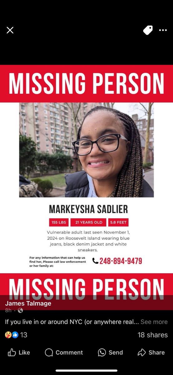 Twitter friends

My eldest daughter went missing three days ago

She is somewhere in NYC and we’ve had hundreds trying to help find her , alongside NYPD and city council.

Would you share this, so we can bring Markeysha home?