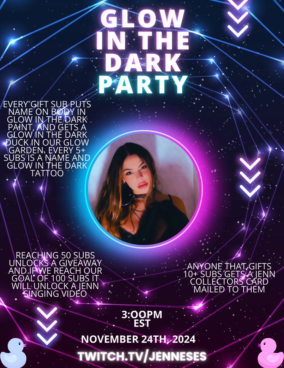 Hi everyone!! I’d like to take a moment to announce our front page Glow in The Dark event, Sunday November 24th starting at 3pm EST until night time. Come party with me and celebrate such a cool opportunity, we will have ducks 💜🩷💙💛💜🩷💙💛