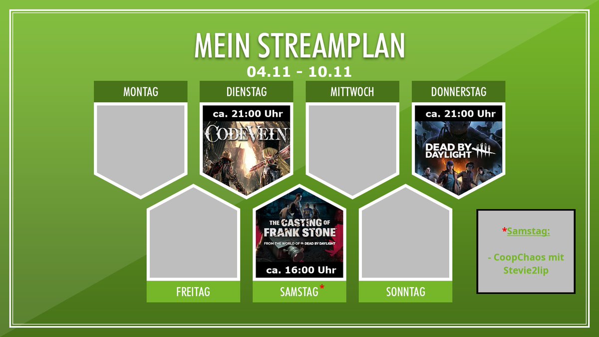 Nicraa9's tweet photo. Dienstag - Ca. 21:00 Uhr: Code Vein

Donnerstag - Ca. 21:00 Uhr: DBD 

Samstag - Ca. 16:00 Uhr: The Casting of Frank Stone mit @stevie2lip https://t.co/9Nv5kroQbe