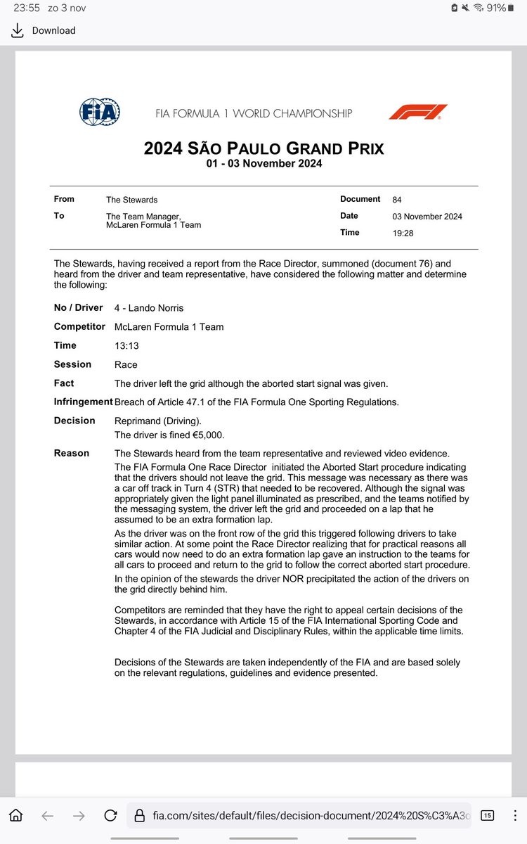En wederom wordt een Britse coureur gemazeld. Een reprimande en €5000,- boete. <a href="/F1/">Formula 1</a> #BrazilGP #FIA <a href="/ZS_Racing/">Ziggo Sport Racing</a> @viaplaysportnl