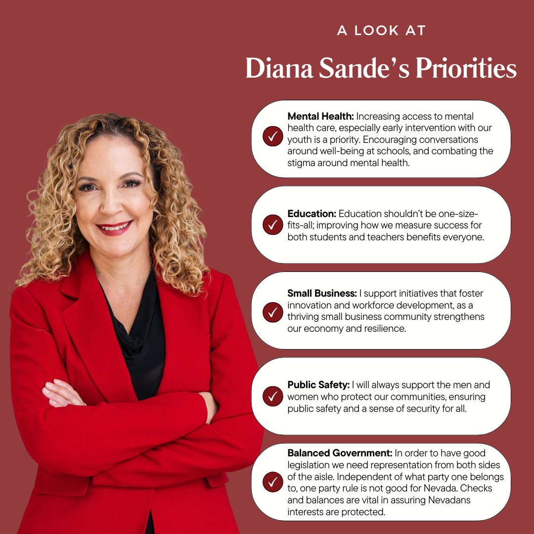 Just 2 days remain until Election Day. Let’s advocate for a Nevada that prioritizes community well-being, supports local businesses, and fosters safety for all. Your vote is crucial for a brighter future. What are your top priorities for Nevada? Let’s talk about it. #Sande4NV