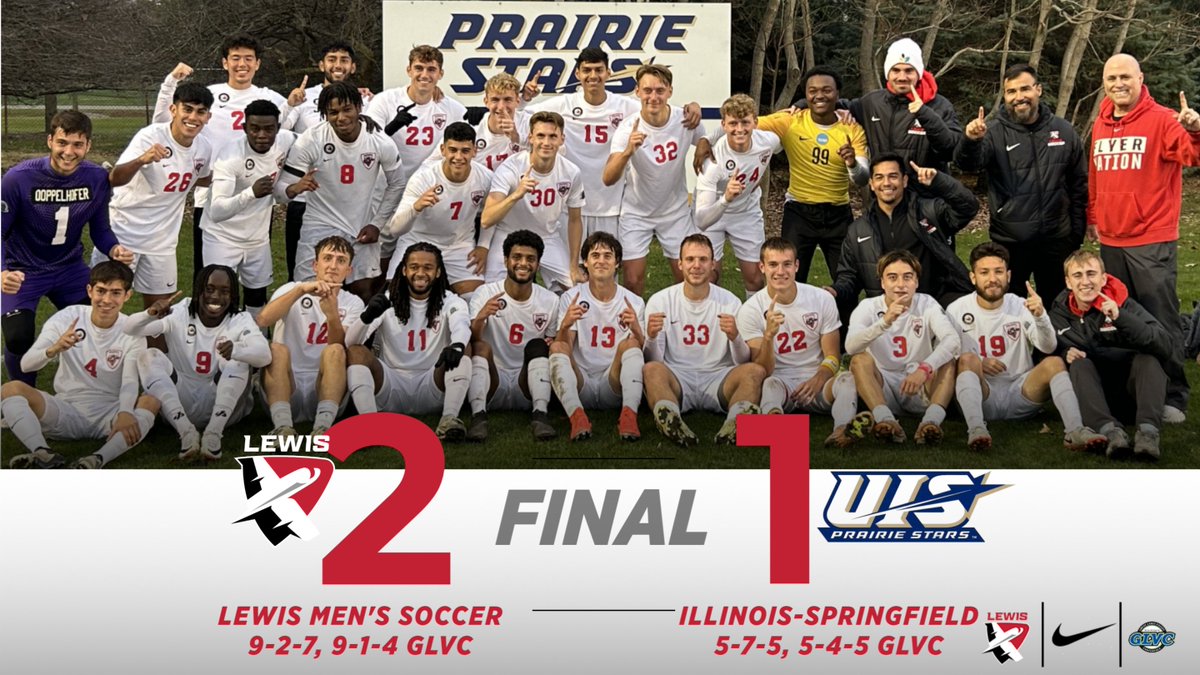 YOUR 2024 GLVC REGULAR SEASON CHAMPIONS!!!

This is the first time the team has won the title since 2010

<a href="/LewisMSoccer/">Lewis Men's Soccer</a>  : 2
Illinois Springfield: 1
#flyasone