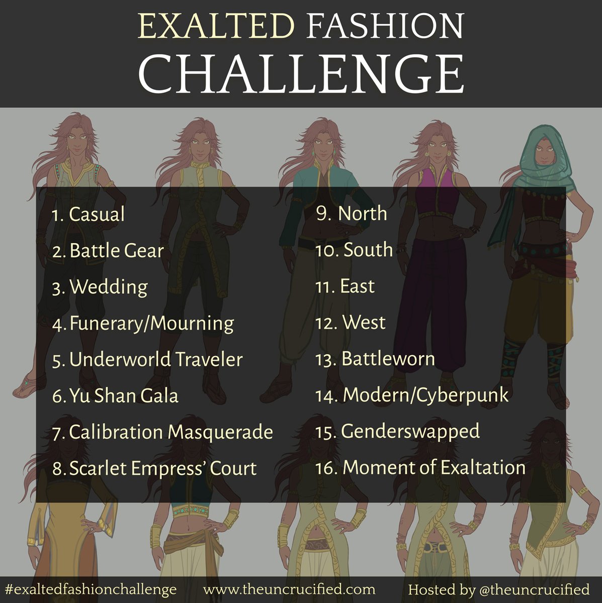TheUncrucified's tweet photo. Hey, Exalts! You thought you were done with art challenges? LOL, NO! Now try the Exalted Fashion Challenge! Make your epic costume drama dreams come true with your Exalted characters.
- Use hashtag #exaltedfashionchallenge
- Tag me so I can feature you
- All year round challenge! https://t.co/wWlPIo3BvJ